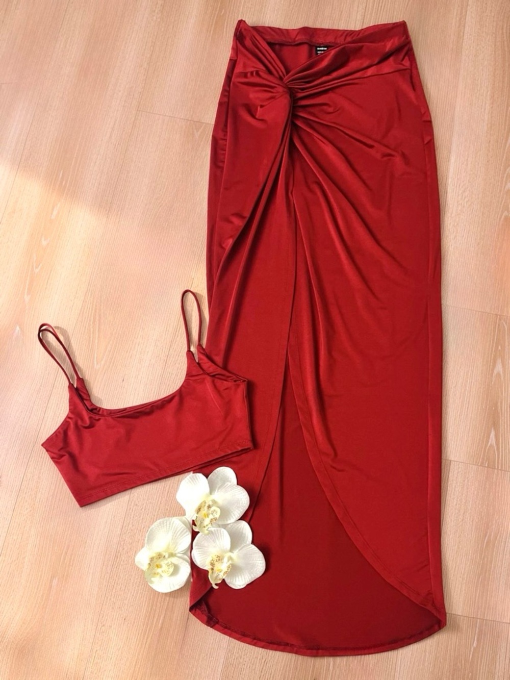 Red Twist-Front Split Thigh Maxi Skirt & Matching Solid Crop Cami Top Set